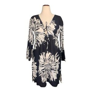 Ocean Breeze Black White Floral Swim Cover Up 100% Cotton Tie Front Accent Large